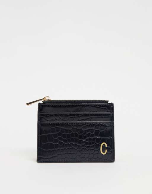 ASOS DESIGN - Portemonnee met gepersonaliseerde 'C' in zwart met krokodileffect