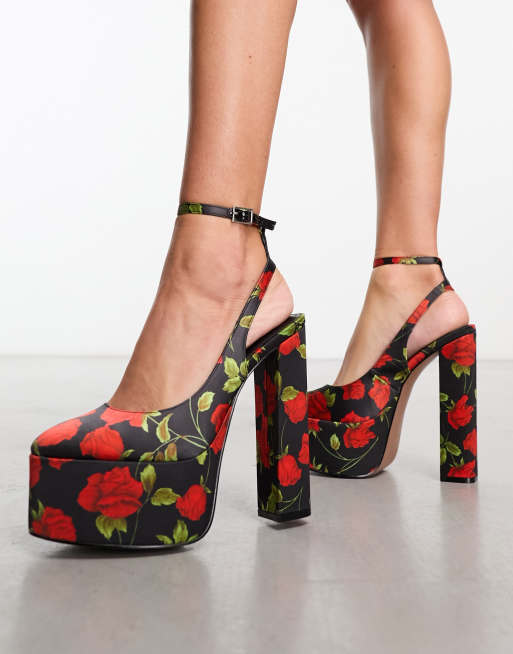 ASOS DESIGN Porter Chaussures talon haut et semelle plateforme Noir et rouge fleuri