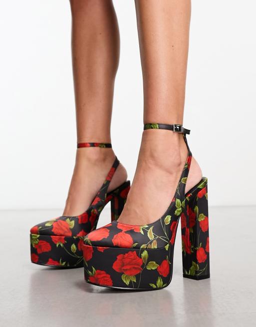 ASOS DESIGN – Porter – Czarno-czerwone buty na obcasie i platformie w kwiatowy wzór