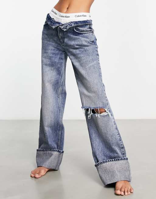 ASOS DESIGN - Posede boyfriend-jeans med flænge på knæet og bred opsmøget kant, 4 af 4