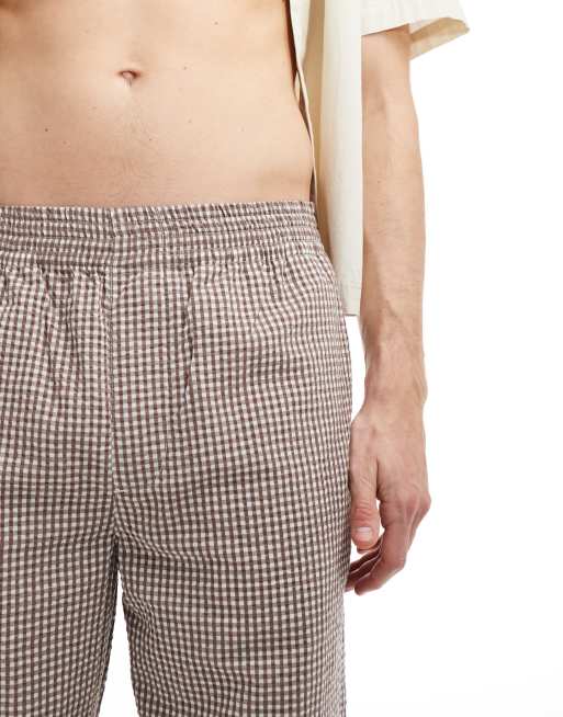 ASOS DESIGN - Posede bukser i hørlook med brunt/hvidt gingham-tern , 4 af 5