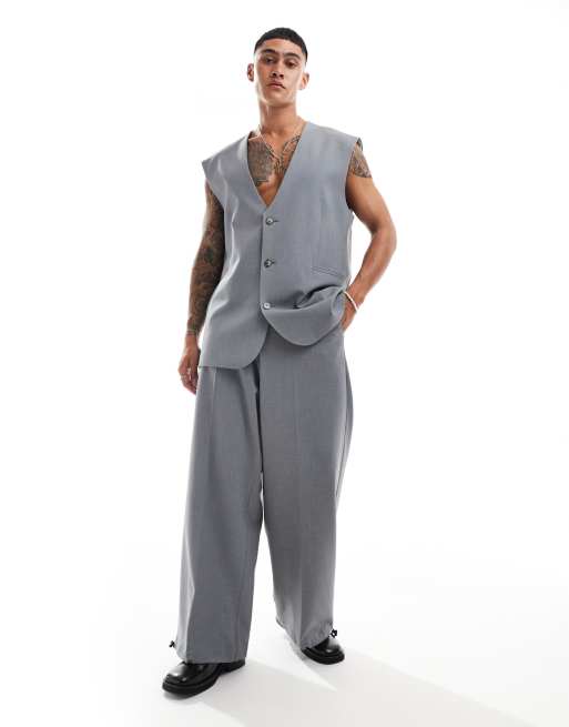 ASOS DESIGN smart baggy pants with drawcord hem in gray - part of a set