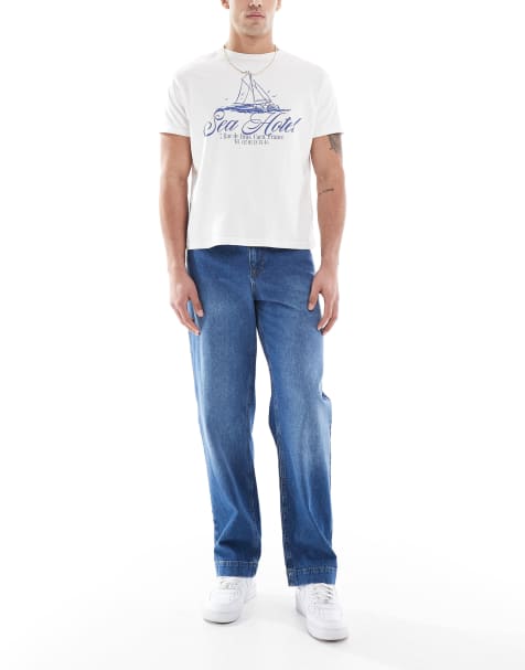 ASOS DESIGN - Posede jeans med bindebånd i blå mellemvask - view 1