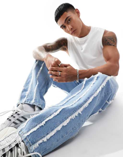 ASOS DESIGN - Posede jeans med frynsede detaljer i lyseblå vask, 5 af 5