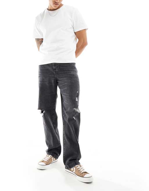 ASOS DESIGN - Posede jeans med slid i sort vintage vask