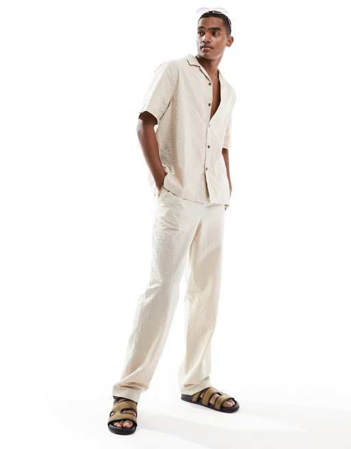 ASOS DESIGN - Posede og beige strandbukser i bæk-og-bølge-stof med elastisk talje - Del af sæt