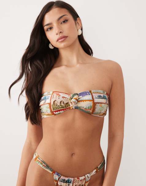ASOS DESIGN – Posey – Góra od bikini bandeau z węzłem w pocztówkowy wzór - view 1