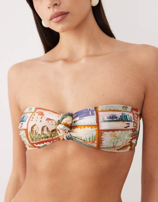 ASOS DESIGN Posey knotted bandeau bikini top in postcard print, 3 of 4