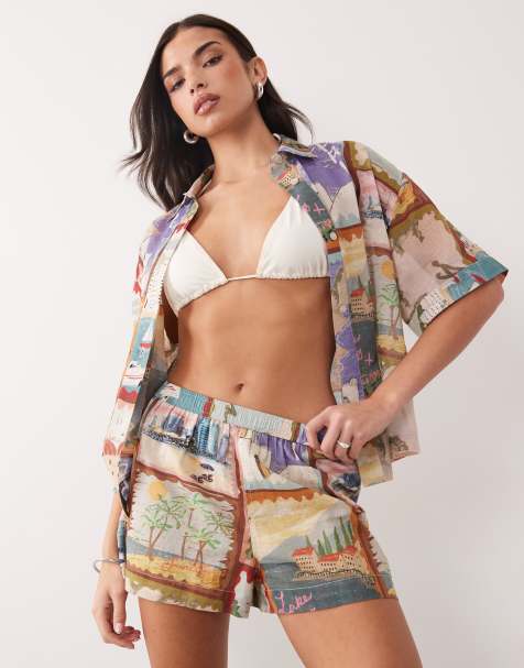 ASOS DESIGN Posey Positano beach shorts in postcard print - view 1