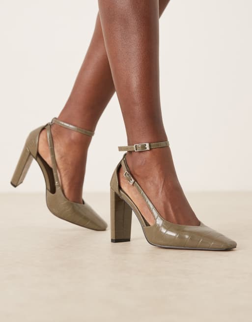 ASOS DESIGN Posie chisel toe high block heel shoes in olive croc