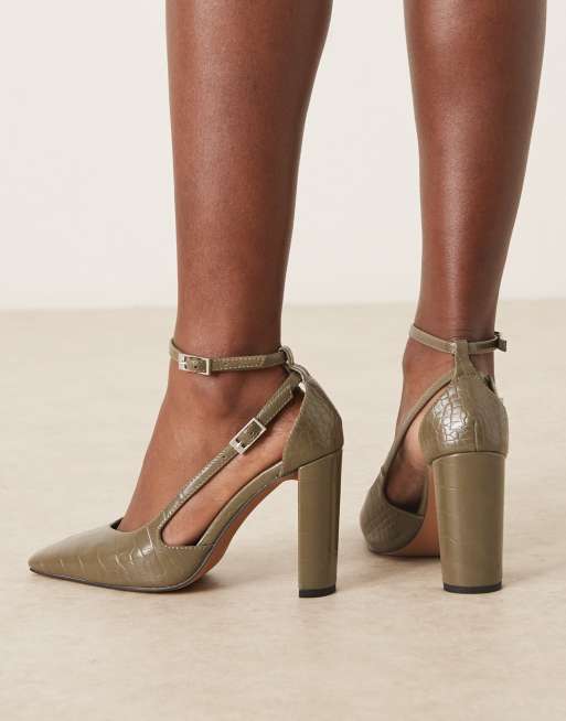 ASOS DESIGN Posie high block heel shoes in olive croc, 3 of 4