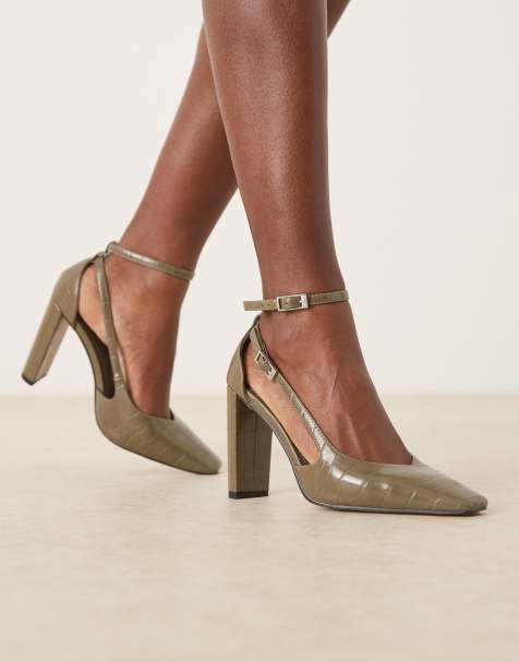 ASOS DESIGN – Posie – Oliwkowe buty na wysokim obcasie z migdałowymi noskami w krokodyli wzór - view 1