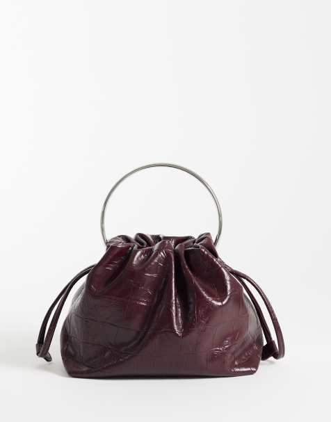 ASOS DESIGN pouch grab with metal handle in burgundy croc - view 1