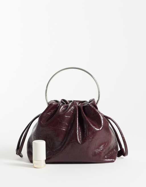 ASOS DESIGN pouch grab with metal handle in burgundy croc, 2 of 4