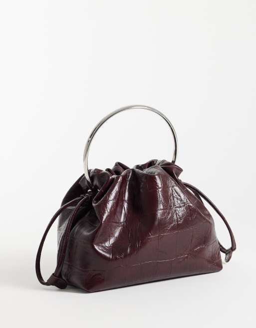 ASOS DESIGN pouch grab with metal handle in burgundy croc, 4 of 4