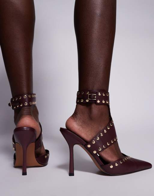 ASOS DESIGN - Power - Schoenen met hoge hak, studs en brede pasvorm in bordeauxrood, 4 van 4