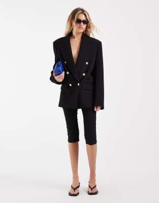 Asos Design Power Shoulder Double Breasted Blazer In Black