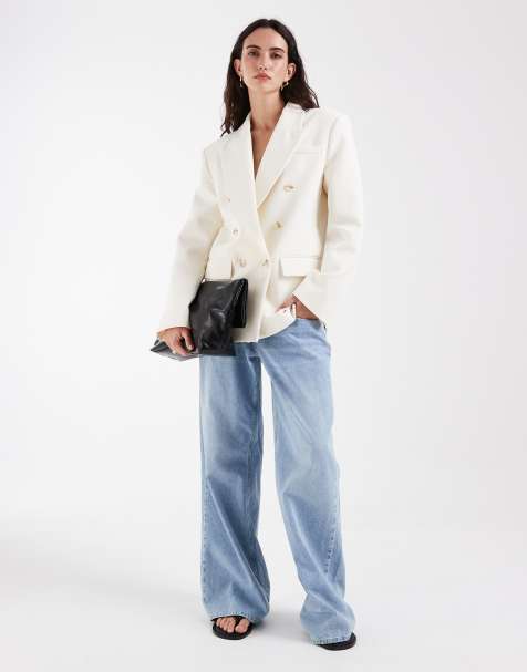 ASOS DESIGN power shoulder double breasted blazer in cream - view 1