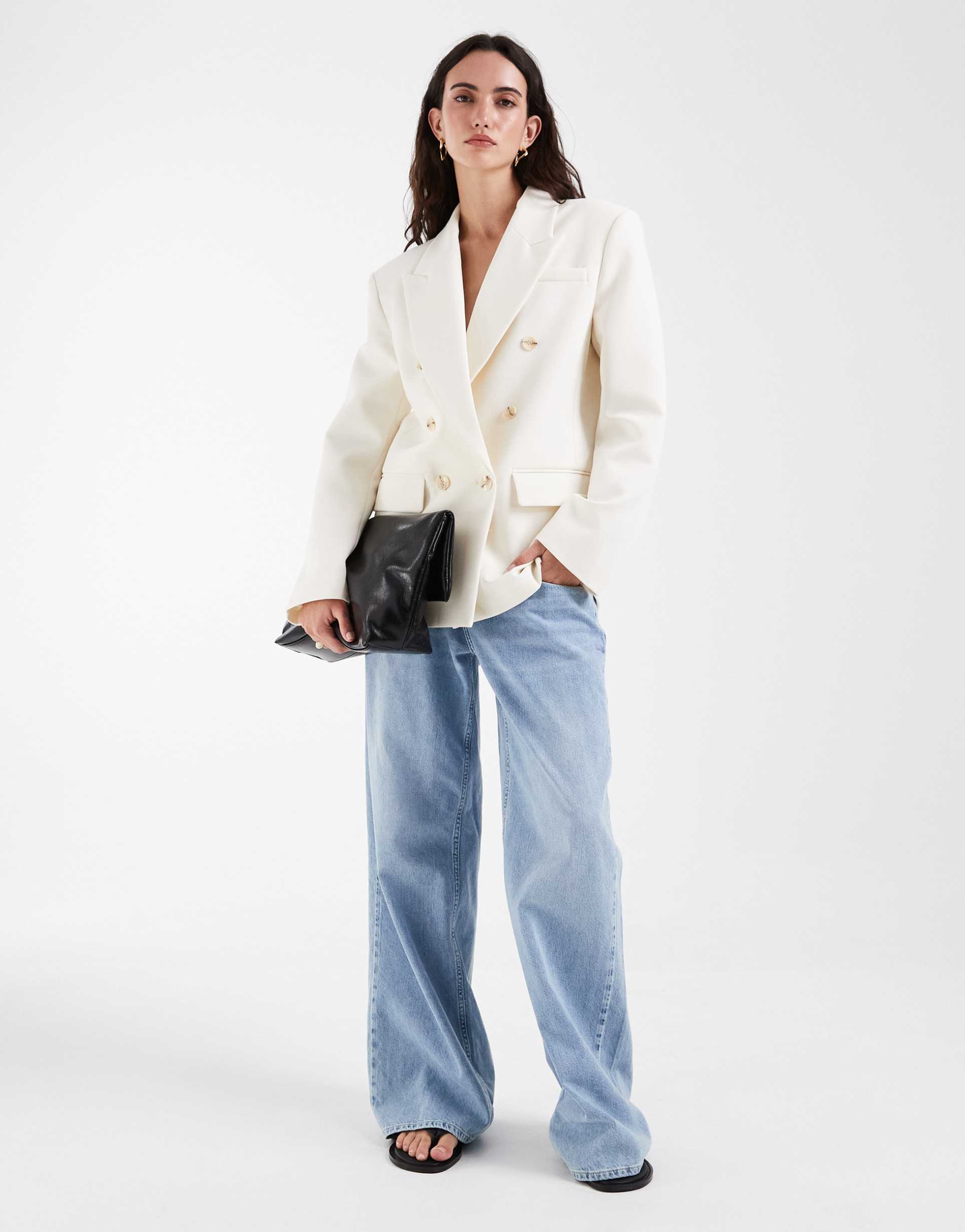 asos design power shoulder double breasted blazer in cream