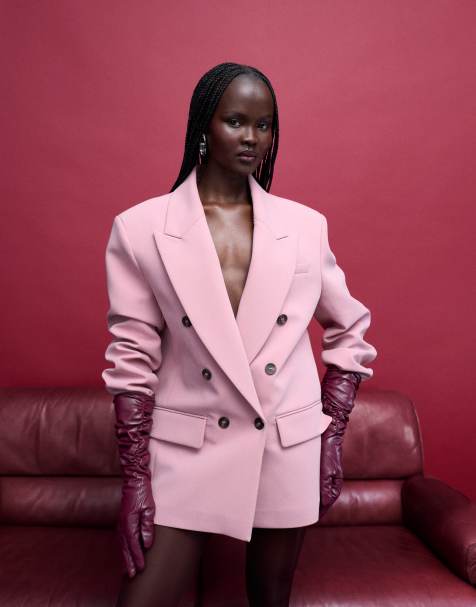 ASOS DESIGN power shoulder double breasted blazer in soft pink