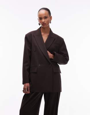 Asos Design Power Shoulder Double Breasted Suit Blazer In Brown