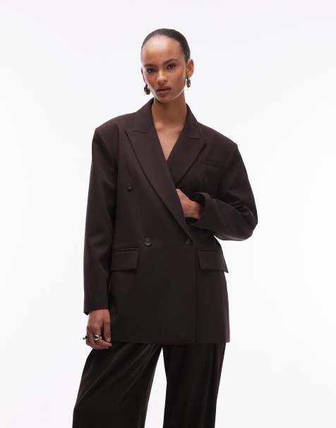 ASOS DESIGN power shoulder double breasted suit blazer in chocolate - view 1
