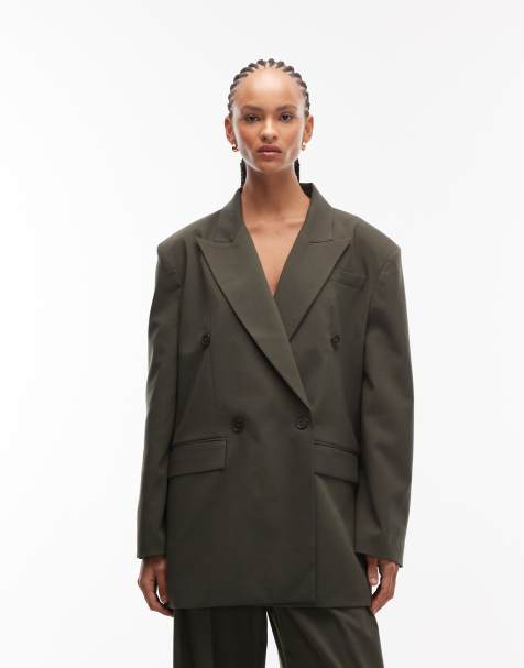 ASOS DESIGN power shoulder double breasted suit blazer in olive