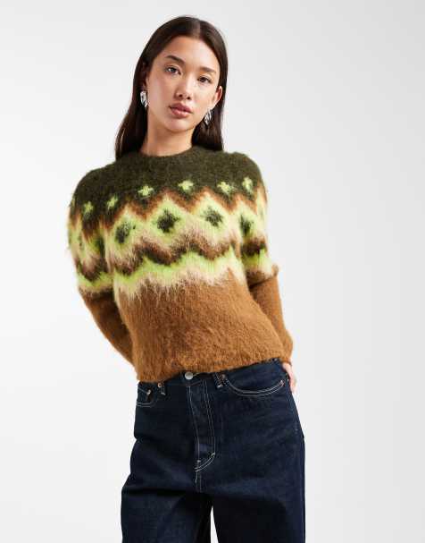 ASOS DESIGN power shoulder fairisle brushed jumper in green - view 1
