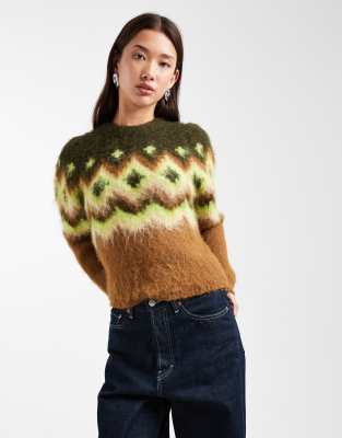 Asos Design Power Shoulder Fairisle Brushed Sweater In Green