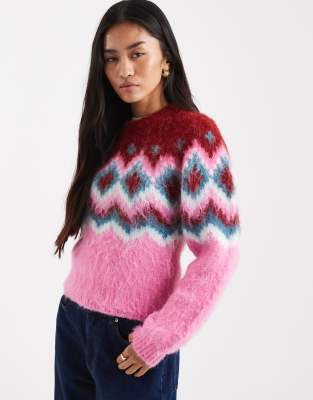 Asos Design Power Shoulder Fairisle Brushed Sweater In Pink
