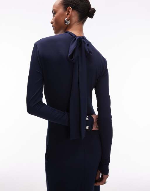 ASOS DESIGN power shoulders maxi dress with bow back and peplum hem in navy
