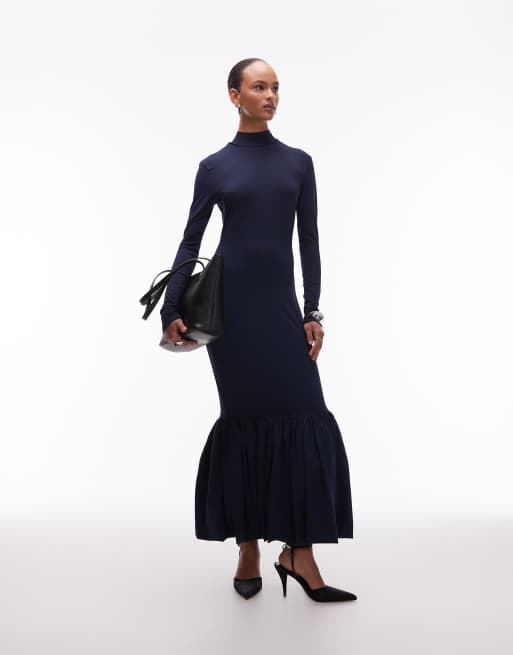 ASOS DESIGN power shoulders maxi dress with bow back and peplum hem in navy