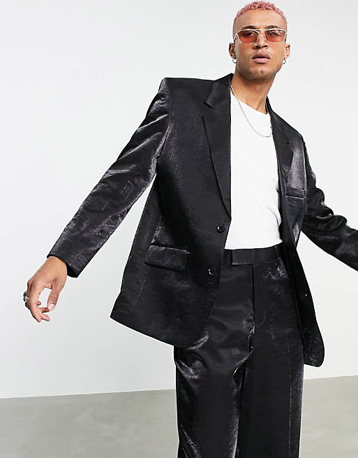 ASOS DESIGN power shoulder suit jacket in black high shine fabric | ASOS
