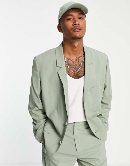 ASOS DESIGN power shoulder suit jacket in sage green