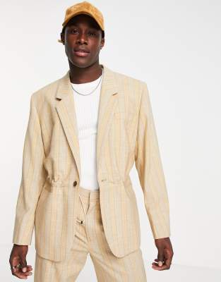 ASOS DESIGN power shoulder suit jacket with elastic waist in stone stripe - ASOS Price Checker