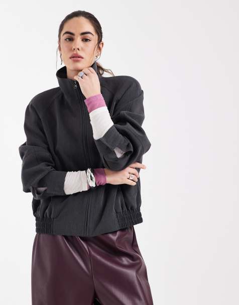 ASOS DESIGN power shoulder tailored bomber jacket in charcoal