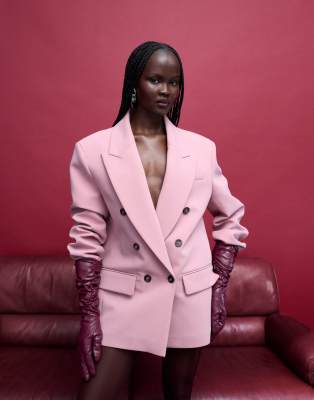 Asos Design Power Shoulders Double Breasted Blazer In Pink