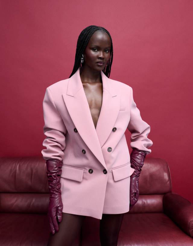 ASOS DESIGN power shoulders double breasted blazer in soft pink