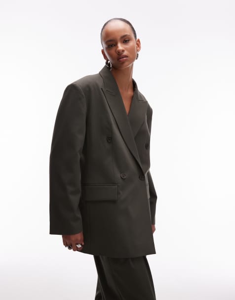 ASOS DESIGN power shoulders double breasted suit blazer in olive - view 1