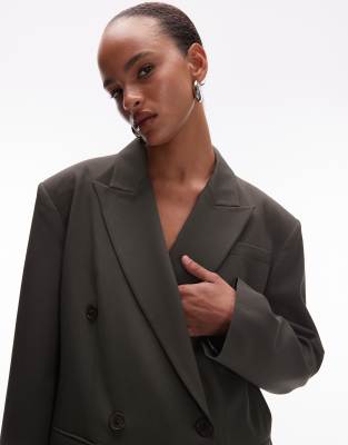 Asos Design Power Shoulders Double Breasted Suit Blazer In Green