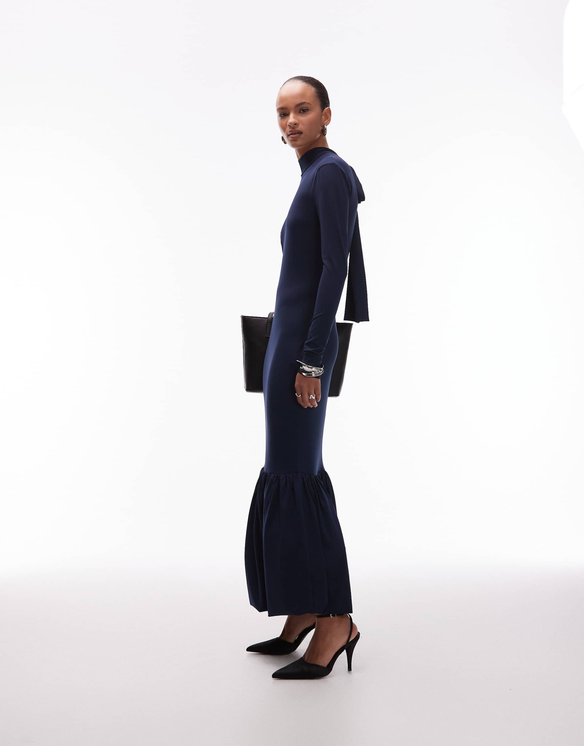asos design power shoulders maxi dress with bow back and peplum hem in navy