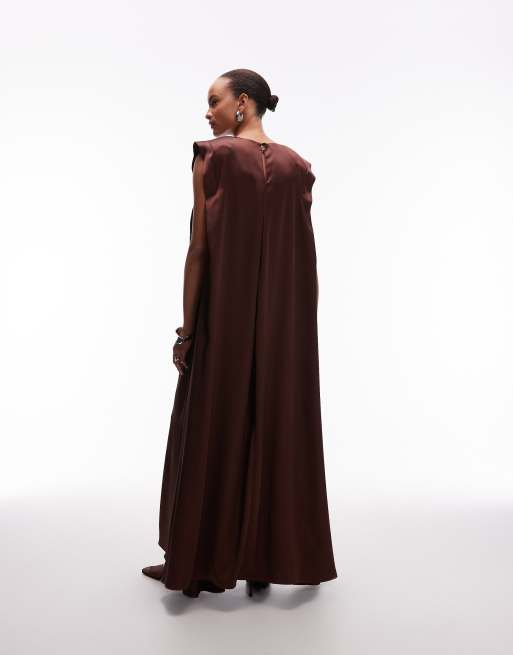 ASOS DESIGN power shoulders satin maxi dress in chocolate