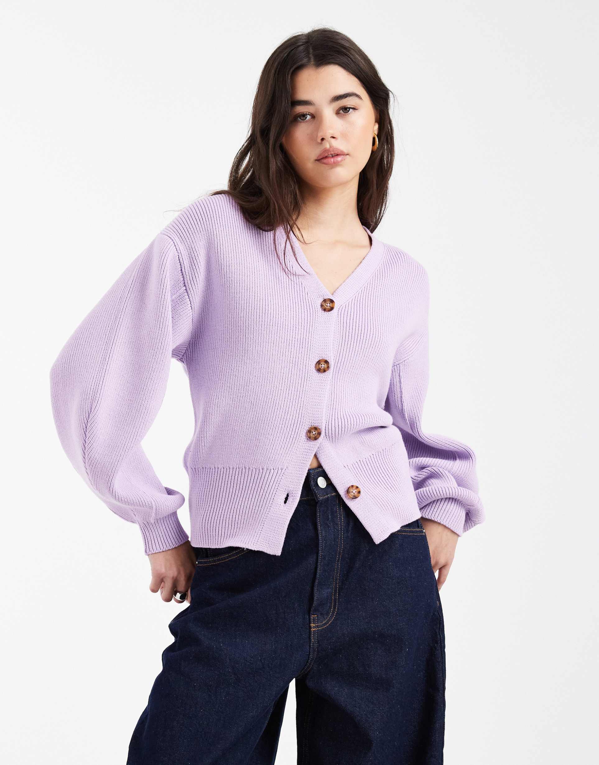 asos design power sleeve cardigan in lilac