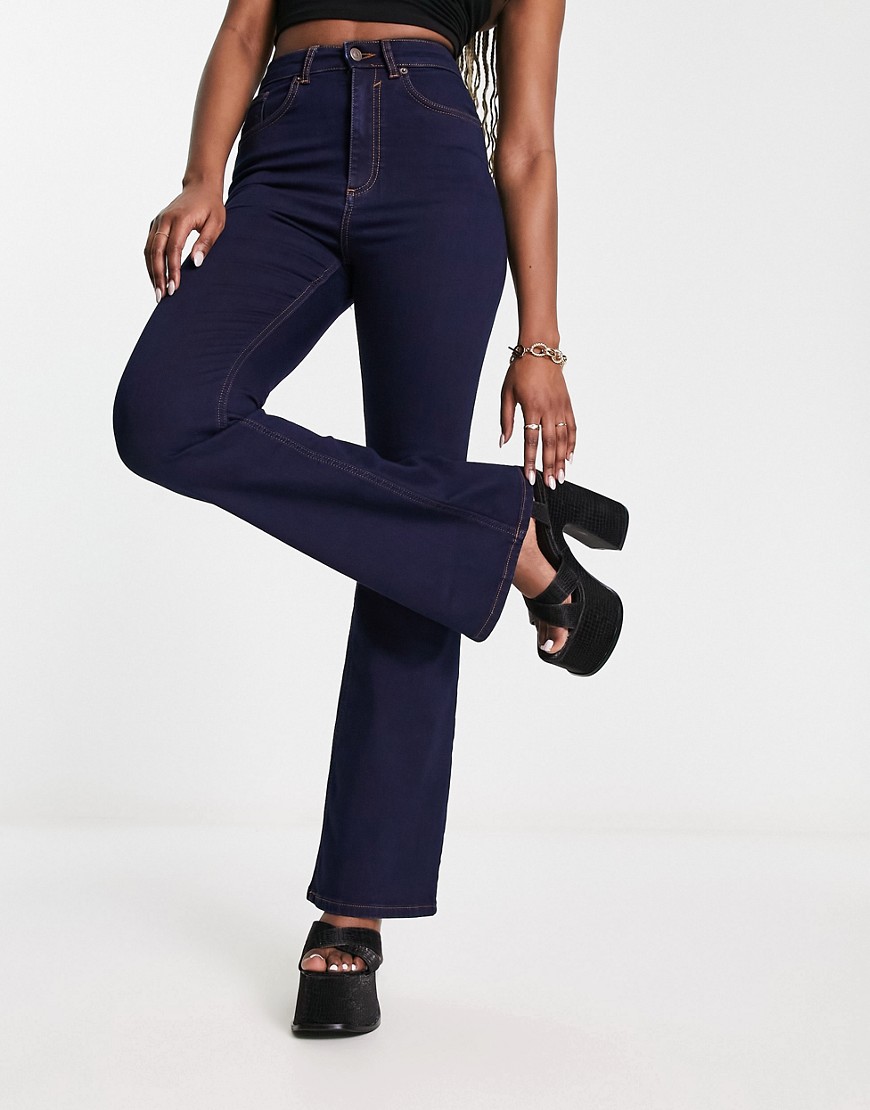 Asos Design Power Stretch Flared Jeans In Dark Blue