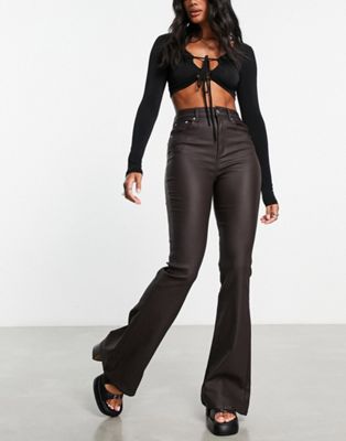 ASOS DESIGN power stretch flared jeans in coated chocolate brown
