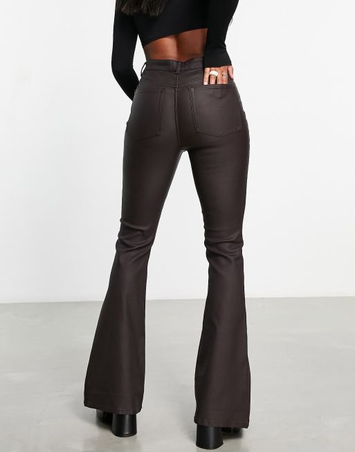 ASOS DESIGN power stretch flared jeans in coated chocolate brown