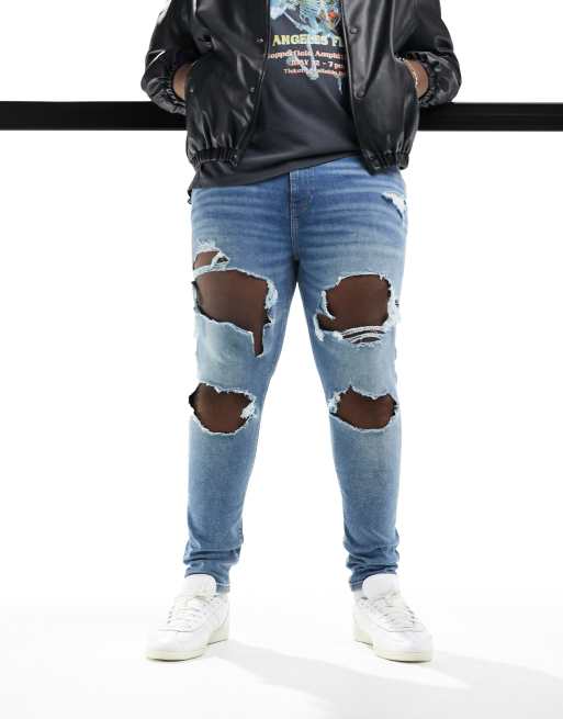 ASOS DESIGN power stretch jeans with all over rips in light wash blue, 5 of 6