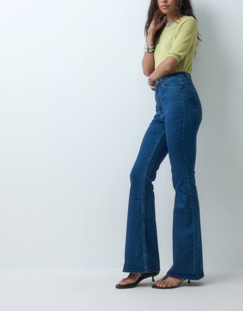 ASOS DESIGN power stretch sculpt flare jeans in dark mid wash blue - view 1