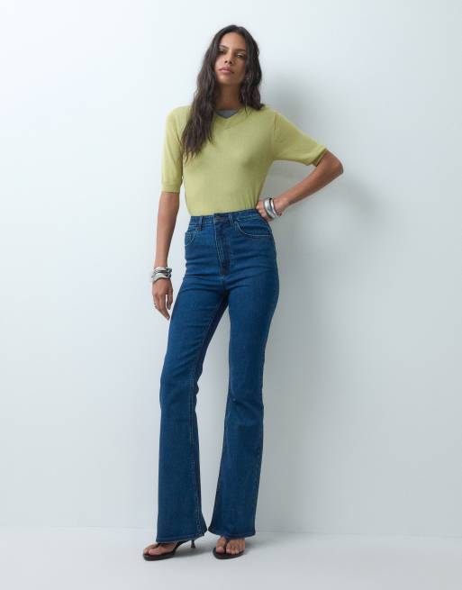 ASOS DESIGN power stretch sculpt flare jeans in dark mid wash blue, 5 of 5