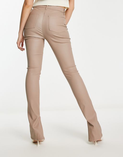 ASOS DESIGN power stretch skinny kick flare with split hem in beige coated